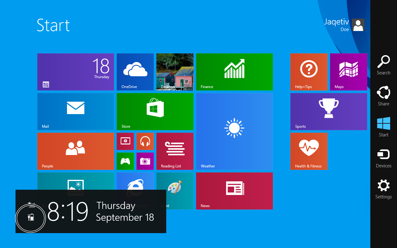 With charms open, the battery indicator is in the lower-left corner.