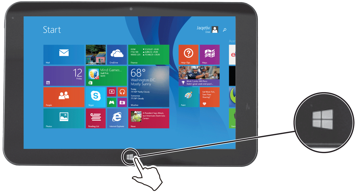 Touch the Windows icon on the front of the tablet