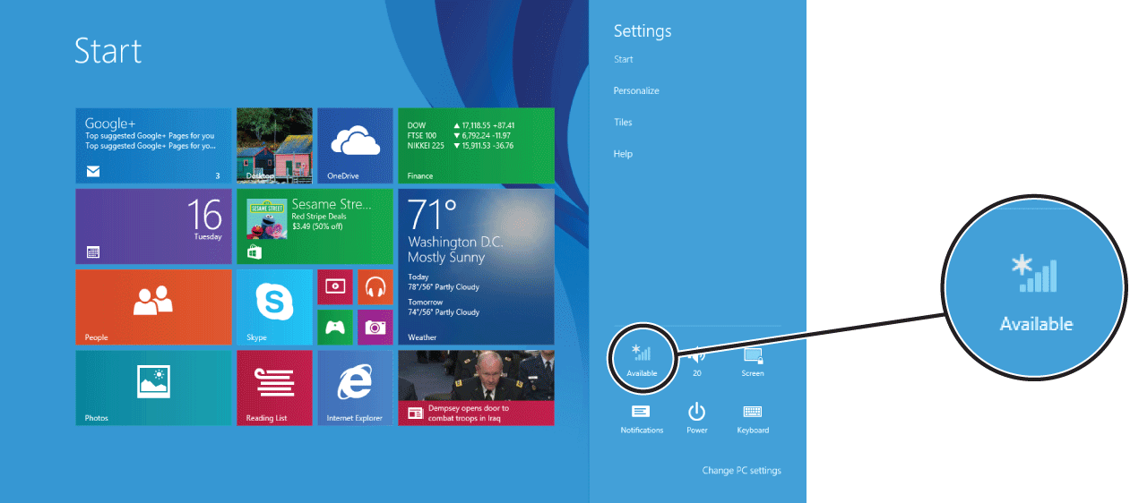 Wi-Fi in Charms settings