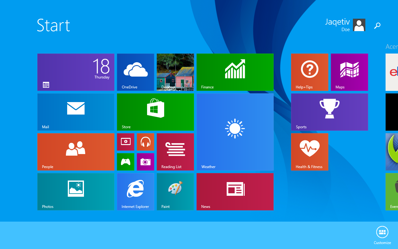 Start screen with customize bar open